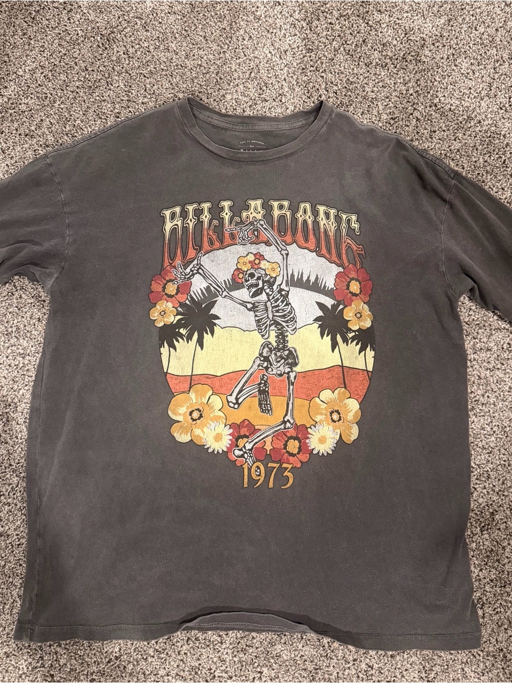 Billabong Black Oversized Short-Sleeve Tee with Retro Skeleton & Floral Graphic